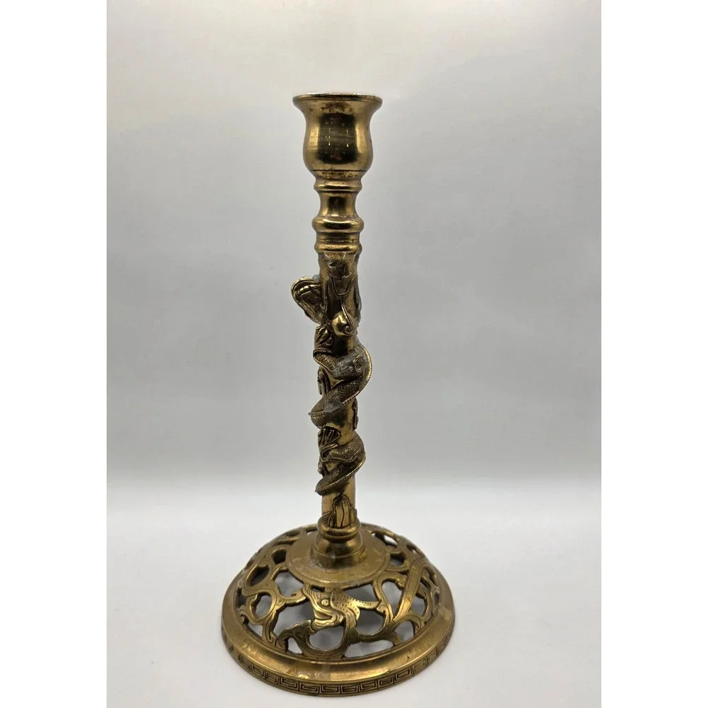 Vintage Brass Dragon Candlestick Holder Ornate Filigree Base 10 Inch Chinoiserie